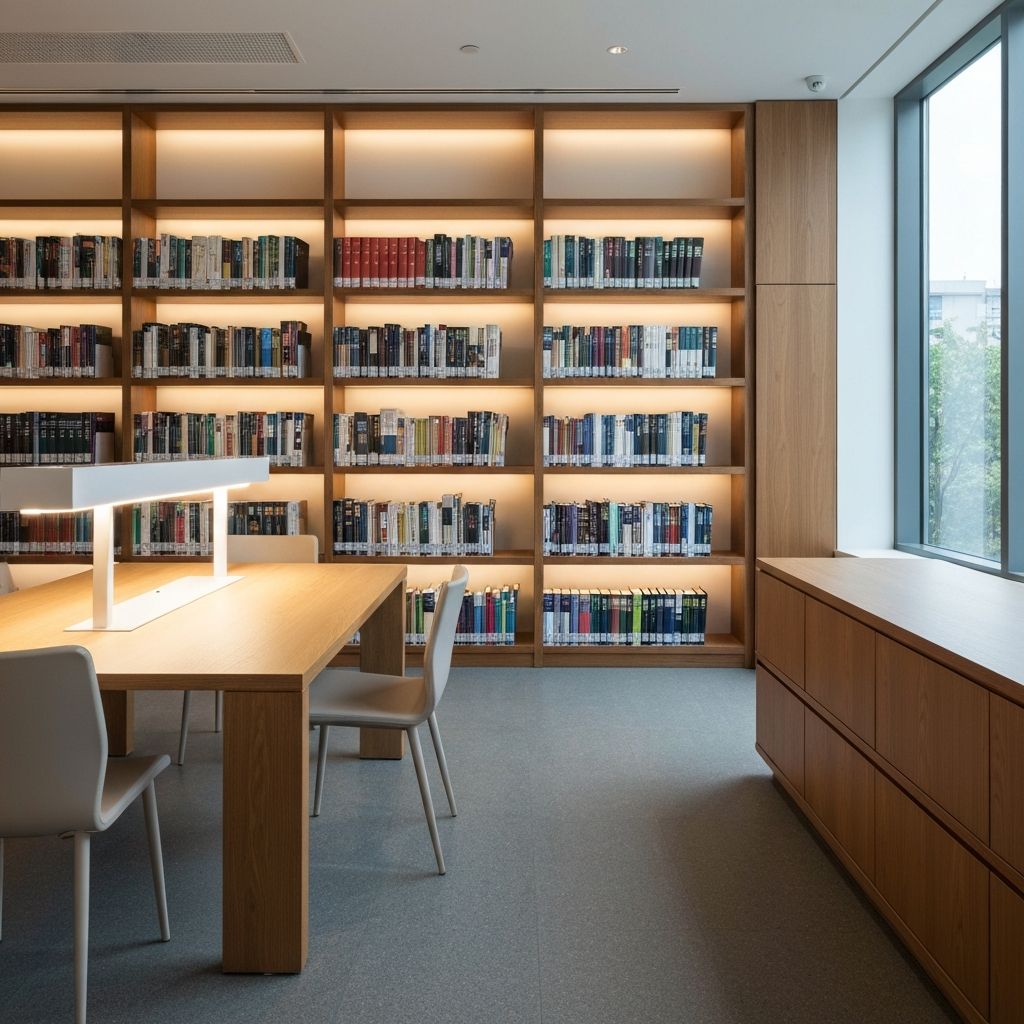 Biblioteca contemporânea com iluminação quente e acolhedora, prateleiras de livros técnicos bem organizados e uma mesa de leitura com luz focada, transmitindo seriedade académica e conforto intelectual