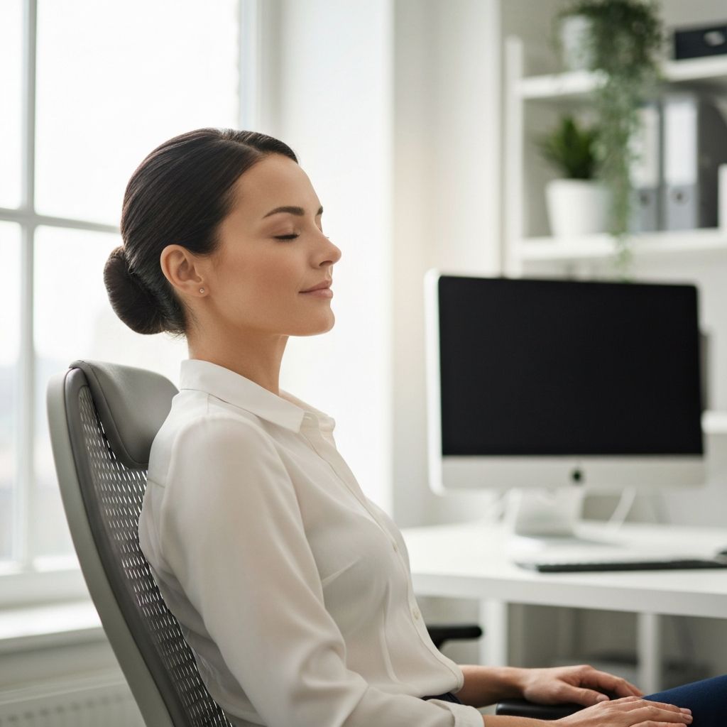 Profissional em ambiente de escritório moderno a fazer uma pausa de trabalho, com os olhos fechados e expressão relaxada, com monitor de computador desfocado ao fundo e luz natural lateral