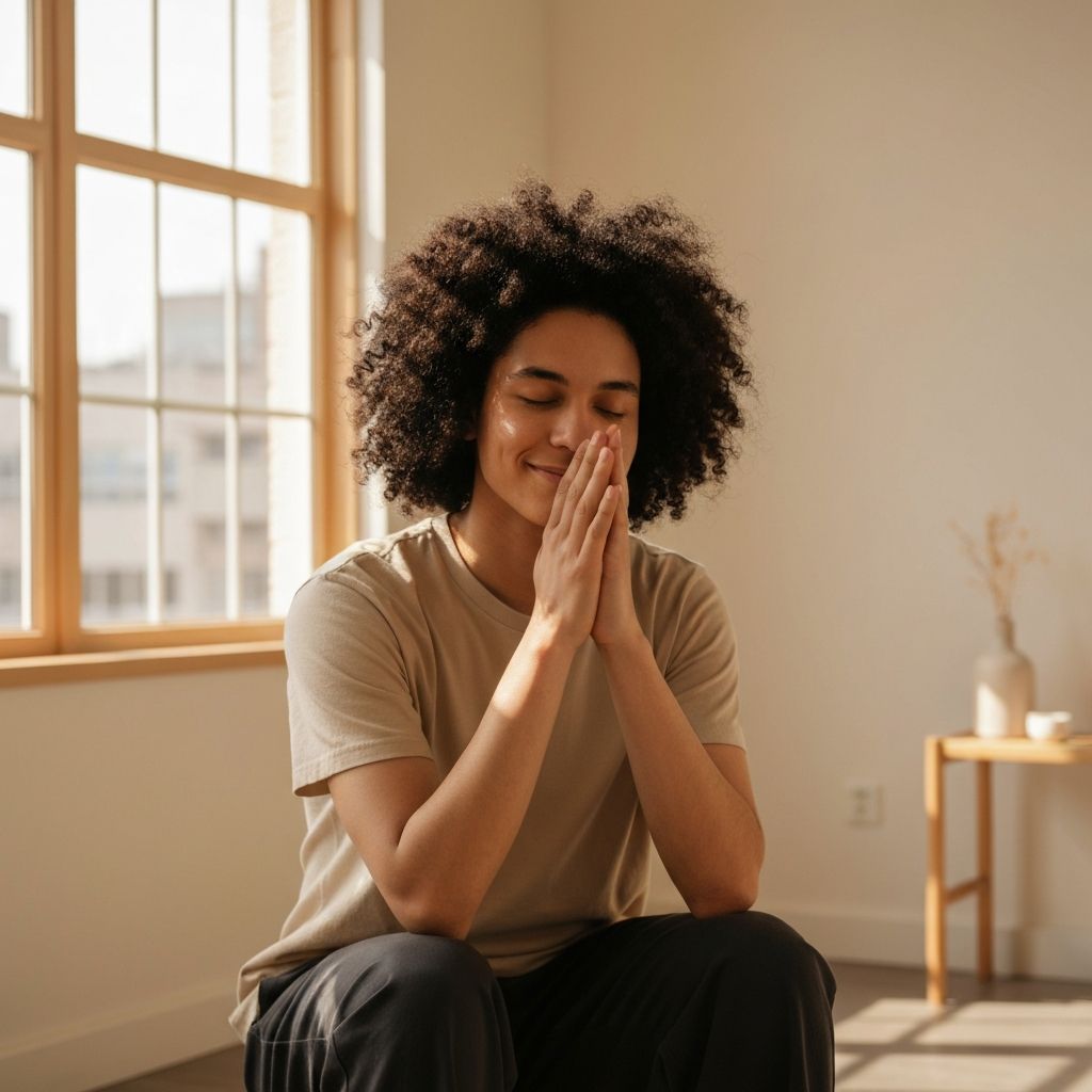 Pessoa de mãos unidas sobre os olhos fechados, numa posição de relaxamento tranquilo em ambiente iluminado por luz natural, transmitindo serenidade e descanso