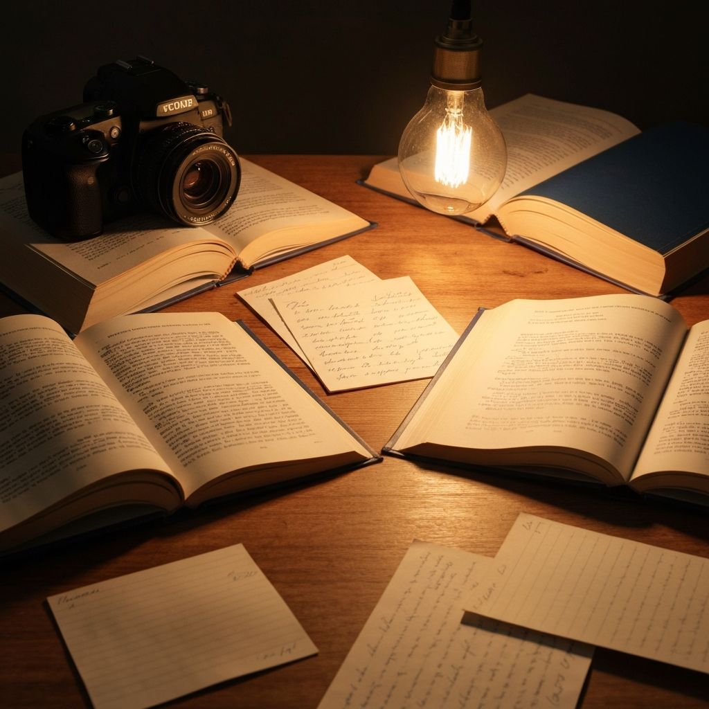Livros abertos e notas manuscritas dispostos sobre mesa de madeira envernizada com luz de lâmpada de escritório incandescente, simbolizando estudo crítico e análise de informação