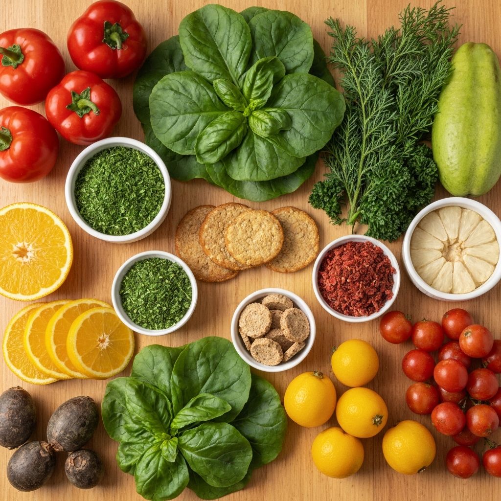 Mesa com variedade de alimentos frescos e coloridos, incluindo cenouras, espinafres, mirtilos, nozes e citrinos dispostos sobre fundo de madeira clara em luz natural intensa